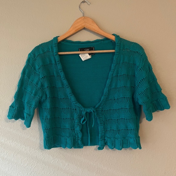 Molly Malloy Sweaters - Vintage 90s Molly Malloy Teal Knit Cropped Cardigan Size Small